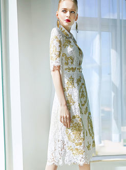 Lapel Half Sleeve Lace Print Dress