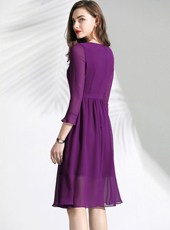Pure Color Flare Sleeve Slim Midi Dress