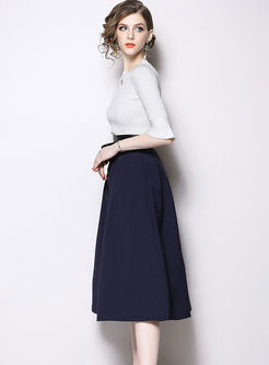 Casual Slim Knitted Top & High Waisted A Line Skirt