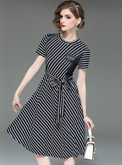 Elegant Striped O-neck Belted A Line Dress