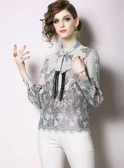 Fashion Hollow Out Lace Tassel Tied Blouse