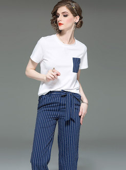 Casual O-neck T-shirt & Striped Tie-waist Wide Leg Pants