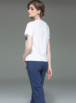 Casual O-neck T-shirt & Striped Tie-waist Wide Leg Pants