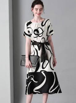O-neck Short Sleeve Color-blocked Print Dress