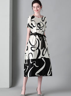 O-neck Short Sleeve Color-blocked Print Dress