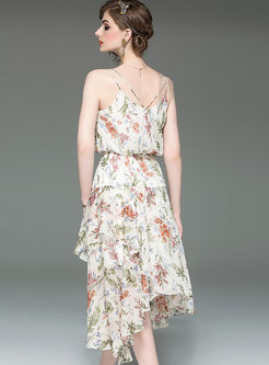 Floral Elastic Waist Asymmetric Hem Slip Dress
