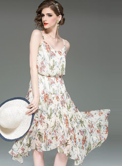 Floral Elastic Waist Asymmetric Hem Slip Dress