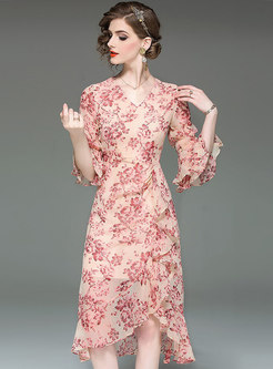 Floral V-neck Flare Sleeve Asymmetric Bodycon Dress