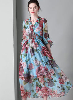 Flare Sleeve Print Silk Beach Dress With Cami