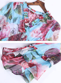 Flare Sleeve Print Silk Beach Dress With Cami