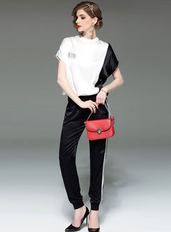 Casual Color-blocked Pullover Top & Slim Long Pants