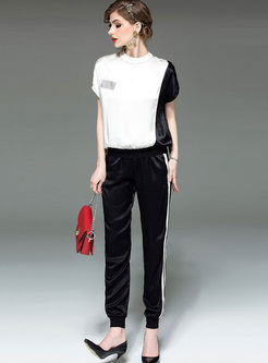 Casual Color-blocked Pullover Top & Slim Long Pants
