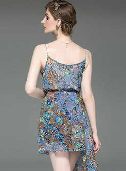 Stylish Floral V-neck Sleeveless Asymmetric Slip Dress