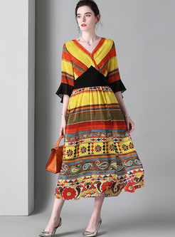 Color-blocked V-neck Elastic Waist Silk Dress