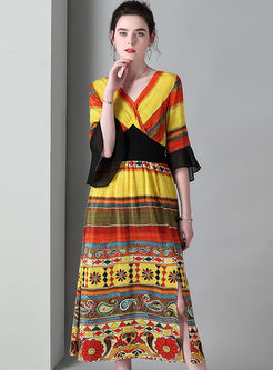 Color-blocked V-neck Elastic Waist Silk Dress