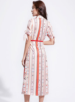 Elegant Print V-neck Belted A Line Dress