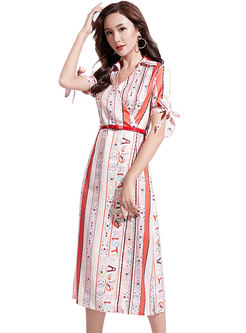 Elegant Print V-neck Belted A Line Dress