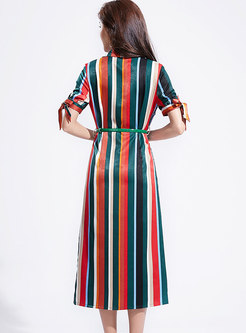 Color-blocked V-neck Belted A Line Dress