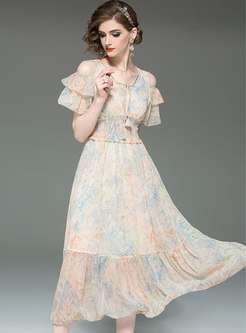 Chic Print Off Shoulder Elastic Waist A Line Dress