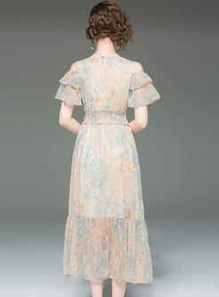 Chic Print Off Shoulder Elastic Waist A Line Dress