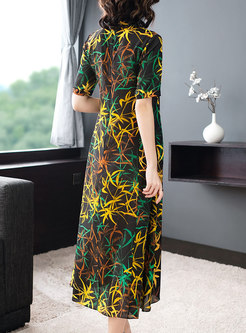 Color-blocked Print Stand Collar A Line Dress