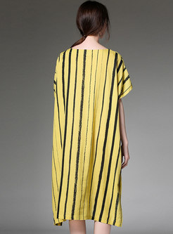 Casual Striped O-neck Asymmetric Loose Dress