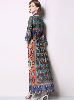 Vintage O-neck Tied Printed Chiffon Maxi Dress