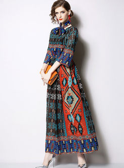 Vintage O-neck Tied Printed Chiffon Maxi Dress