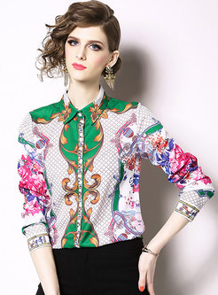 Hit Color Print Single-breasted Casual Blouse