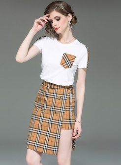 Brief Splicing O-neck T-shirt & Striped Split Skirt