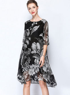 O-neck Half Sleeve Plus Size Print Dress