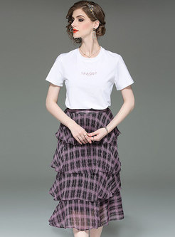 Brief White T-shirt & High Waist Striped Purple Skirt