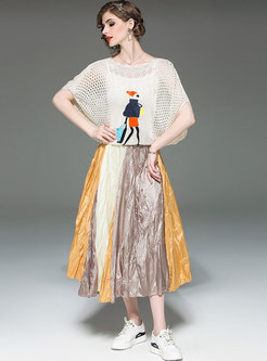 Hollow Out Cartoon Top With Camis & Color-blocked Pleated Skirt 