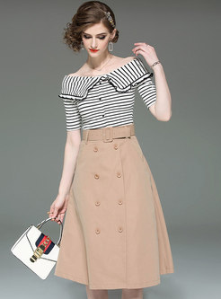 Striped Sheath Top & Double-breasted A Line Skirt