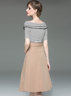 Striped Sheath Top & Double-breasted A Line Skirt