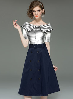 Casual Blue Striped Top & Double-breasted A Line Skirt