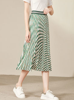 Color-blocked High Waist Striped Pleated Skirt