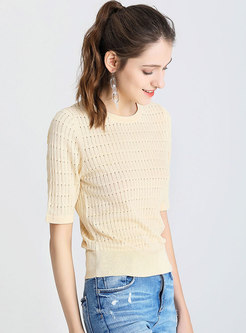 O-neck Light Apricot Short Sleeve Sweater 
