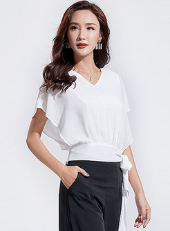 Pure Color V-neck Tied T-shirt