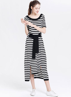 Black Striped Split Loose Belted T-shirt Dress