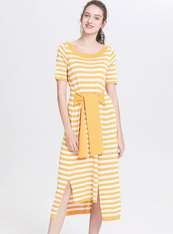 Yellow Striped Tied Loose T-shirt Dress