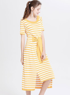 Yellow Striped Tied Loose T-shirt Dress