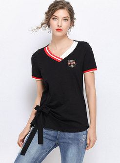 Casual Color-blocked V-neck Tied T-shirt
