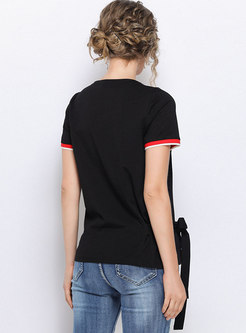 Casual Color-blocked V-neck Tied T-shirt