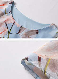 Multi Print Gathered Waist Silk A Line Dress