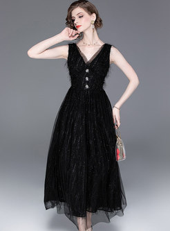 Elegant Sleeveless V-neck High Waist Black Dress