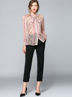 Chic Print Stand Collar Bowknot Blouse