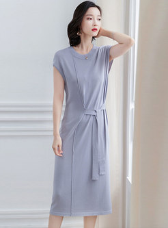 Pure Color O-neck Sleeveless Belted Knitted Dress