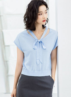 Casual Pure Color V-neck Bowknot Knitted Top