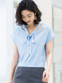 Casual Pure Color V-neck Bowknot Knitted Top